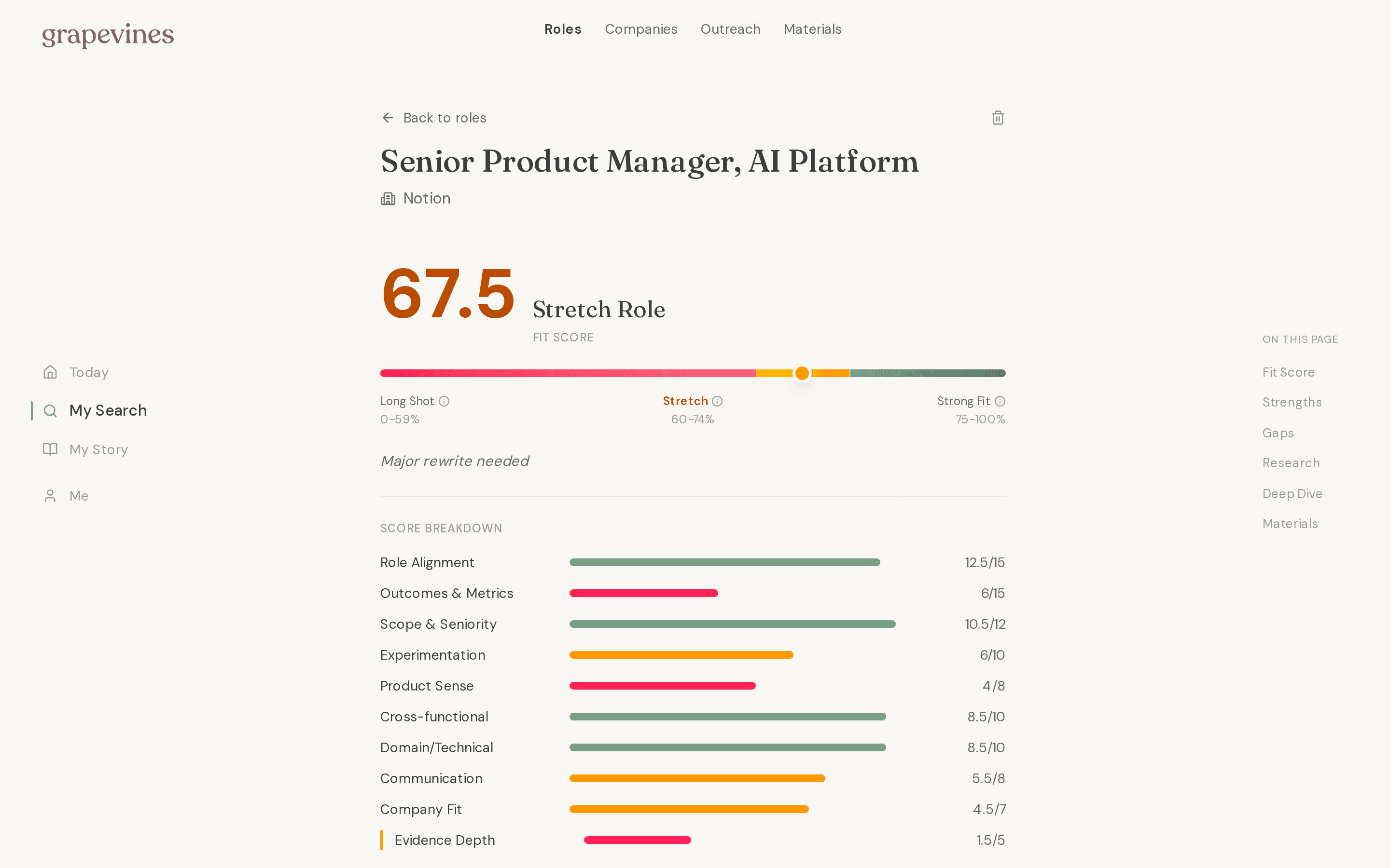 Grapevines role analysis showing fit score and positioning insights